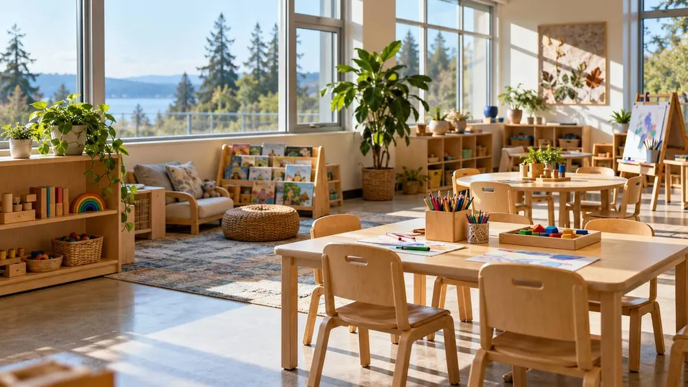 An empty early-learning classroom with child-sized tables, books and art supplies overlooking a Pacific Northwest landscape.