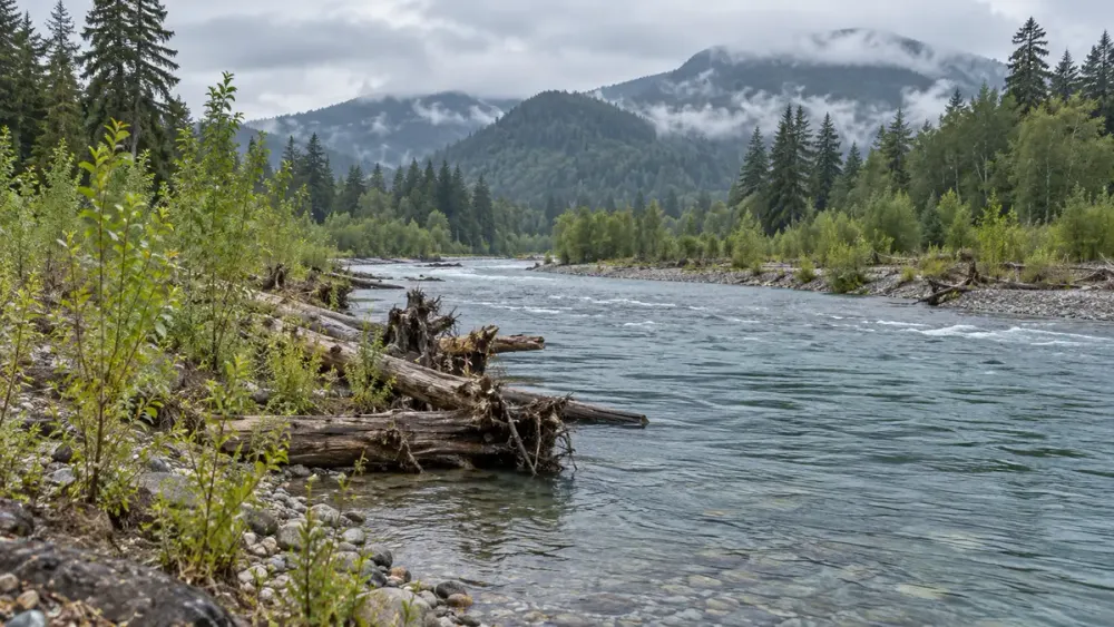 Restored riverbank with native plantings and woody habitat in a forested Washington watershed