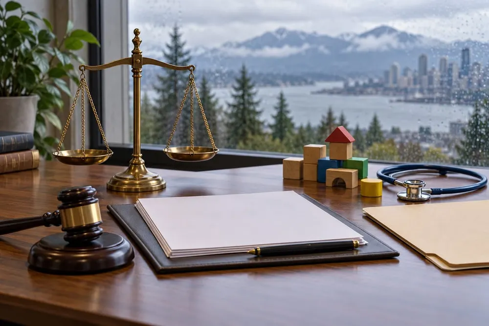 A symbolic legal desk with scales, a gavel, service blocks and a stethoscope before a rainy Pacific Northwest window.