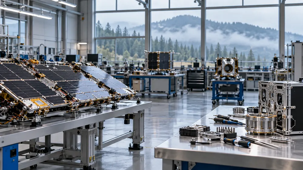 Illustrative Pacific Northwest aerospace workshop with generic satellite components and evergreen hills visible beyond high windows.