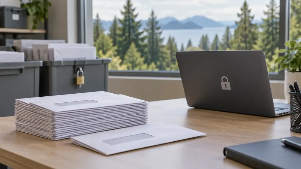 Illustrative ballot envelopes and a secure laptop in a Washington election office