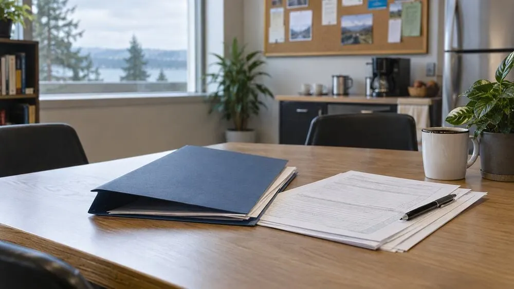 Employment compliance documents and a folder on a workplace break-room table
