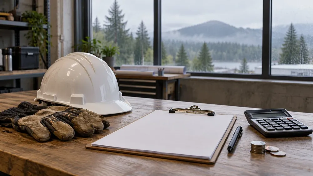 Safety helmet, work gloves, clipboard and calculator on a workshop desk with a rainy Pacific Northwest landscape outside