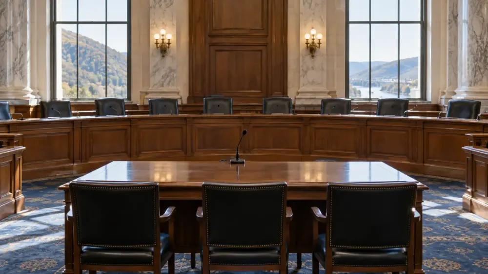 Illustrative empty statehouse hearing room overlooking West Virginia hills