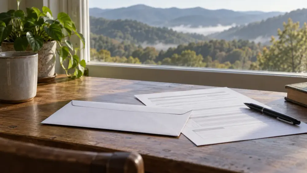 Unmarked ballot-style envelope and pen on a desk beside a window overlooking Appalachian ridges