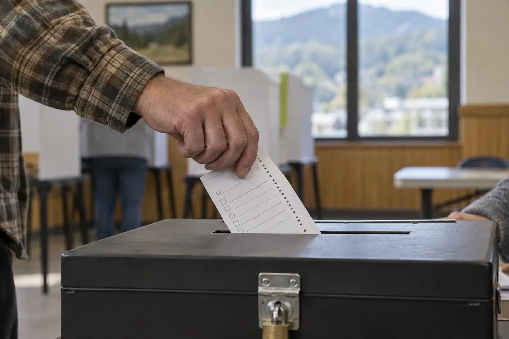 Anonymous voter placing a generic paper ballot into a secure ballot box