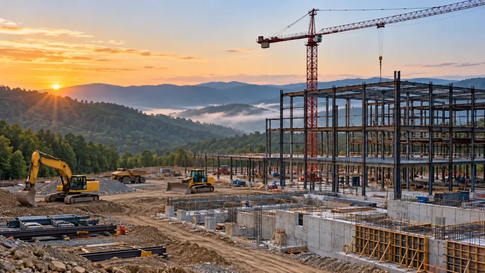 Large construction site with cranes and steel framing against West Virginia’s Appalachian hills.