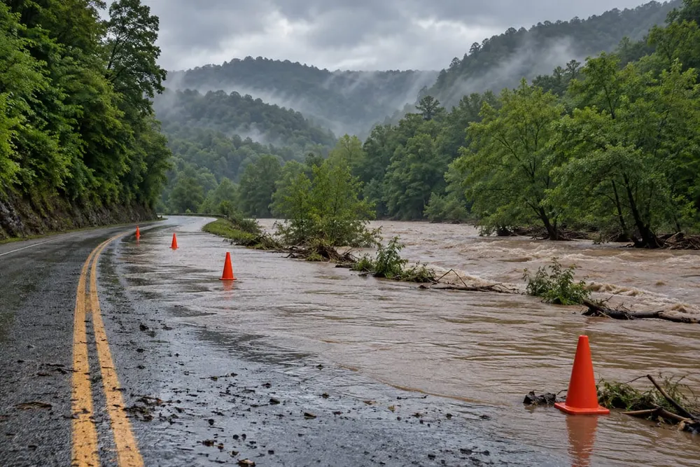 Floodwater covers part of a rural Appalachian road near wooded hills, with traffic cones marking the hazard under storm clouds.