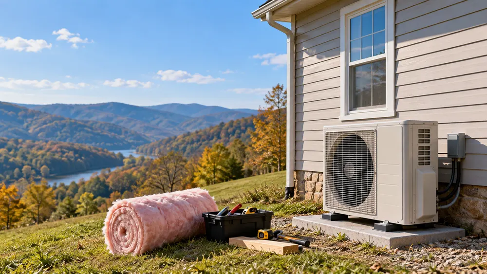 Illustrative West Virginia home undergoing energy-efficiency upgrades, with insulation materials, a heat-pump unit and contractor tools arranged outside.