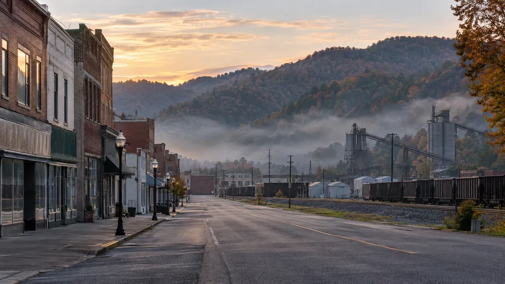Quiet generic West Virginia town street beside rail infrastructure and small industrial buildings beneath forested Appalachian ridges.
