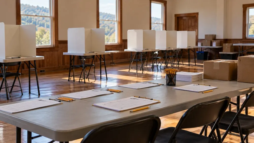 Empty community polling place prepared with privacy booths, blank sign-in sheets, pencils and sealed supply boxes