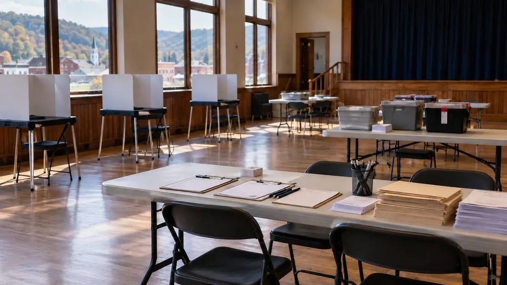 An empty community polling place prepared with privacy booths, check-in tables and sealed election supply boxes.