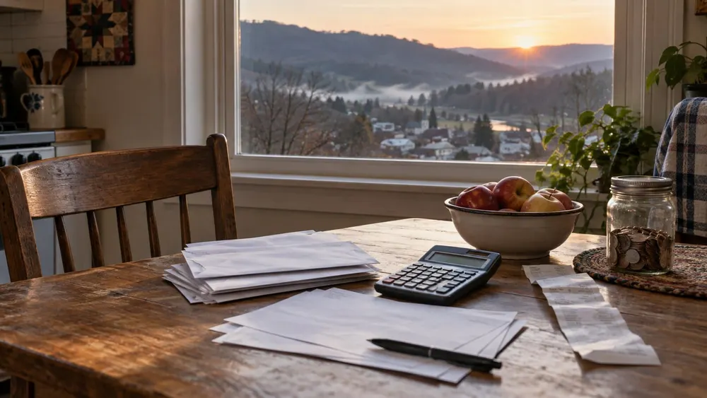 Conceptual household budget scene with bills, calculator and groceries on a kitchen table overlooking an Appalachian valley
