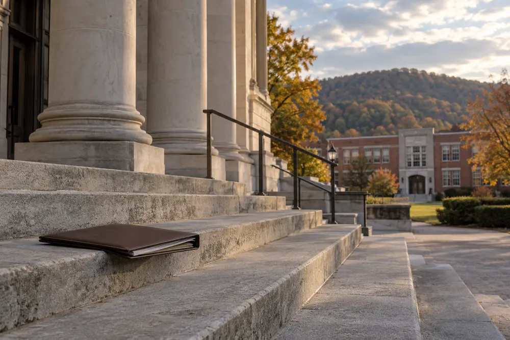 Empty stone steps outside an anonymous Appalachian courthouse with a school building in the distance.
