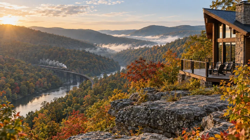 An Appalachian mountain overlook with a rustic cabin and a heritage railway curve in early autumn.