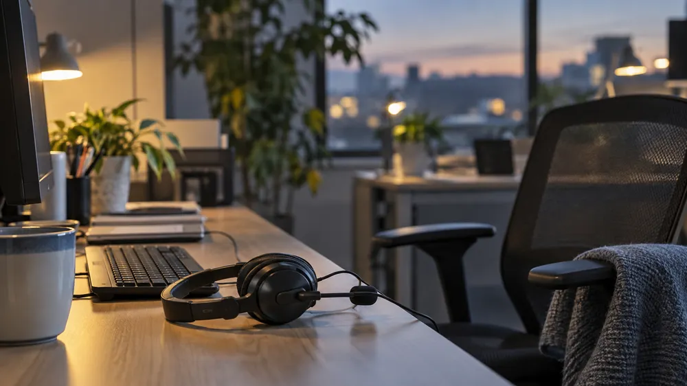 An empty crisis counseling workstation with a telephone headset and computer keyboard in soft evening light.