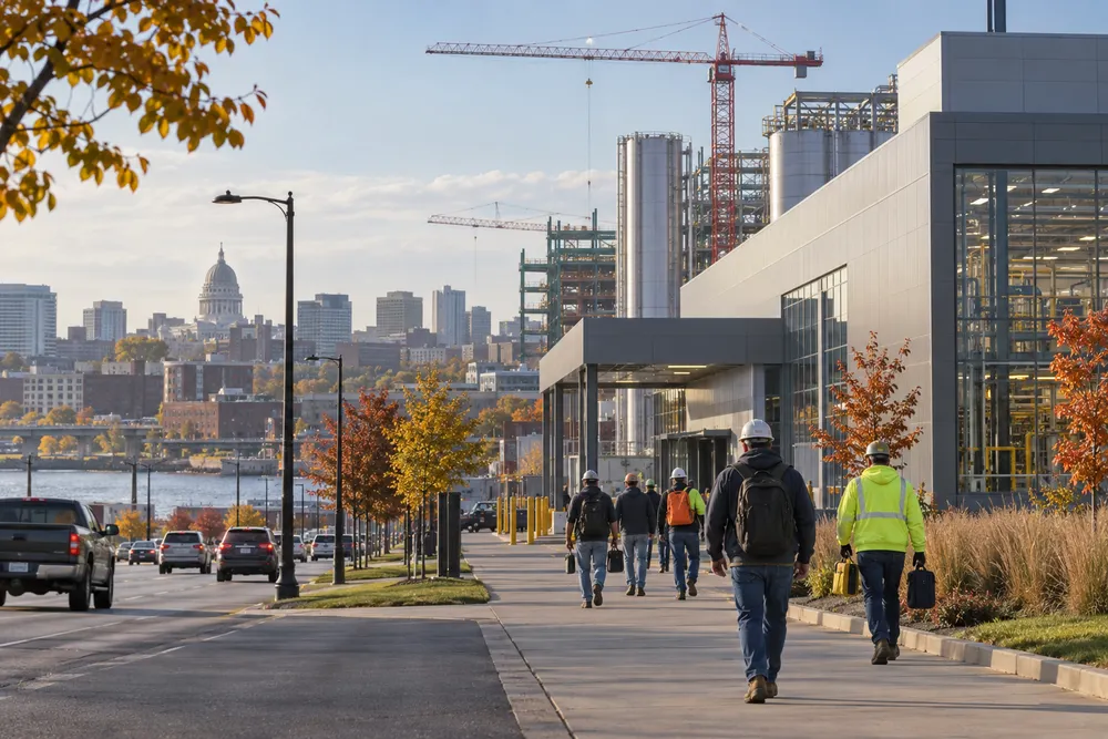Anonymous workers near construction cranes and an industrial facility in Wisconsin during early autumn.