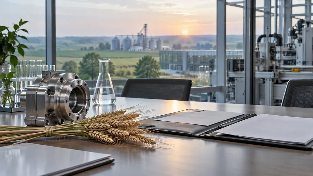A conceptual Wisconsin research and manufacturing workspace with wheat, laboratory glassware and a precision-machined component.