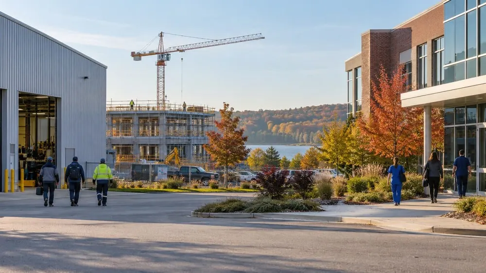 Workers arrive at a generic Wisconsin manufacturing, construction and health-care district on an early autumn morning.