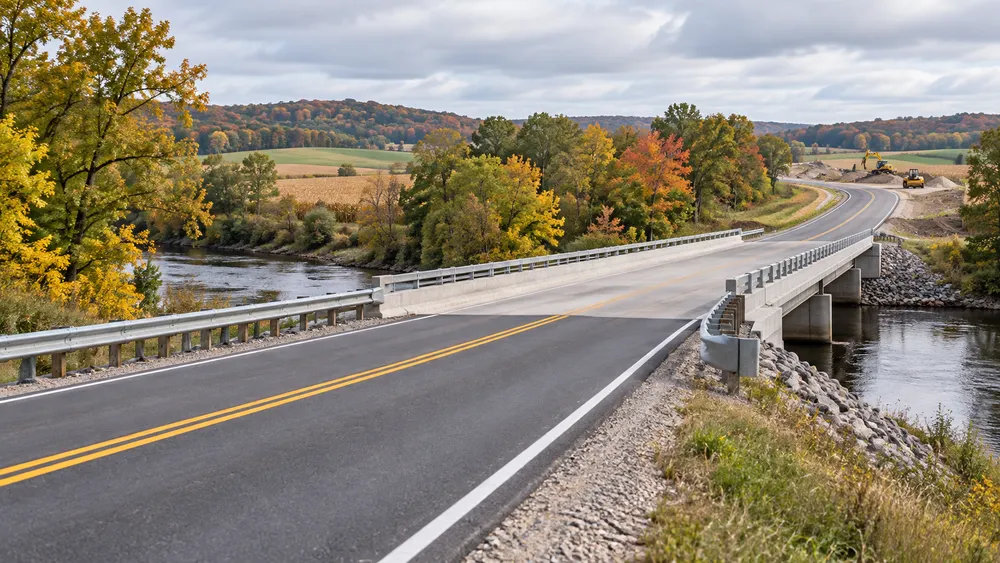 Illustrative view of a rural Wisconsin road approaching a concrete bridge amid early autumn farmland.