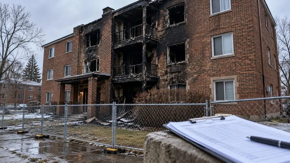 Fire-damaged brick apartment building behind safety fencing with an inspection clipboard in the foreground.