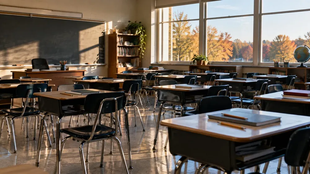 An empty Wisconsin public-school classroom with desks, notebooks and soft autumn daylight.
