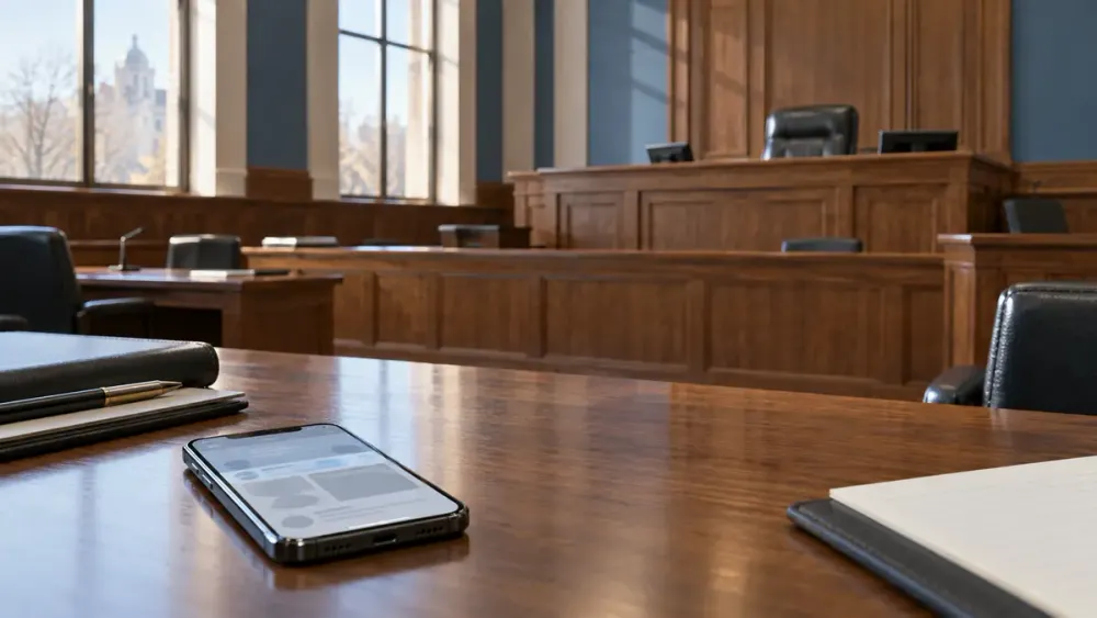 Illustrative empty courtroom with a smartphone showing blank social-media tiles