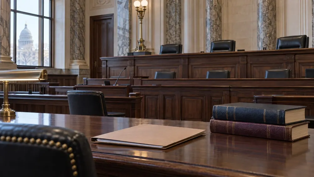 Empty wood-paneled appellate courtroom with a legal file and law books on counsel table
