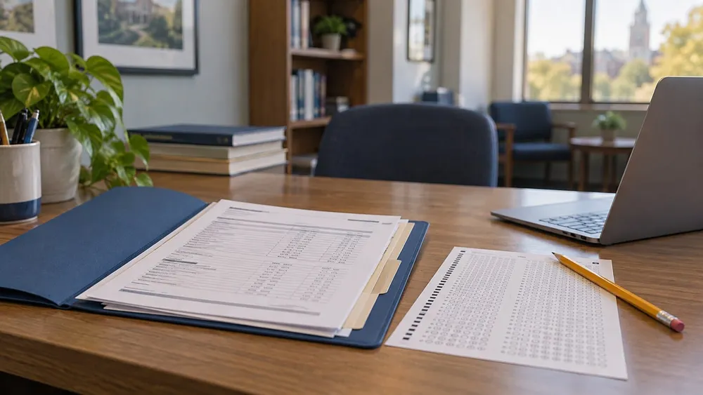 A university admissions folder and blank answer sheet rest on a desk in a quiet office.
