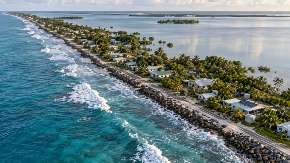 Aerial view of a low-lying island community between ocean and lagoon, protected by a rocky seawall