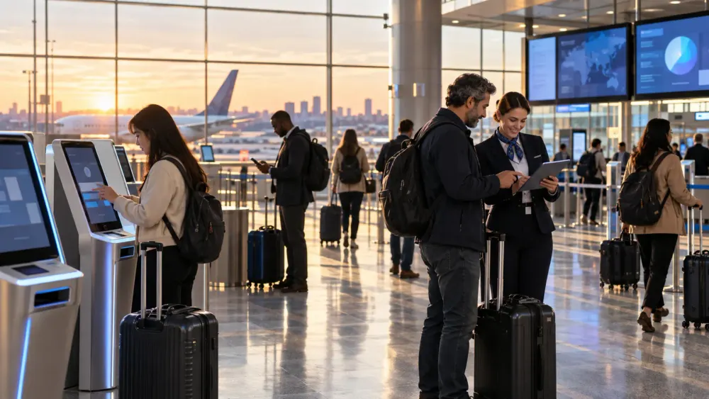 Travelers use digital kiosks and receive staff assistance in a modern airport terminal at sunrise.