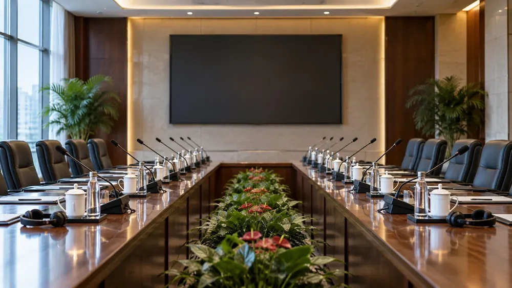Empty bilateral summit room with facing conference tables, microphones and translation headsets