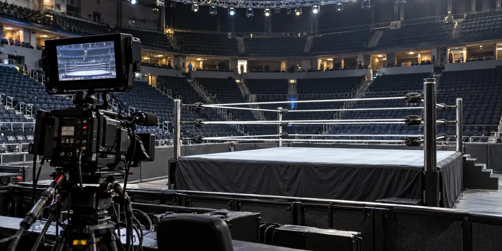 An empty professional wrestling ring in an indoor arena with a broadcast camera positioned at ringside.