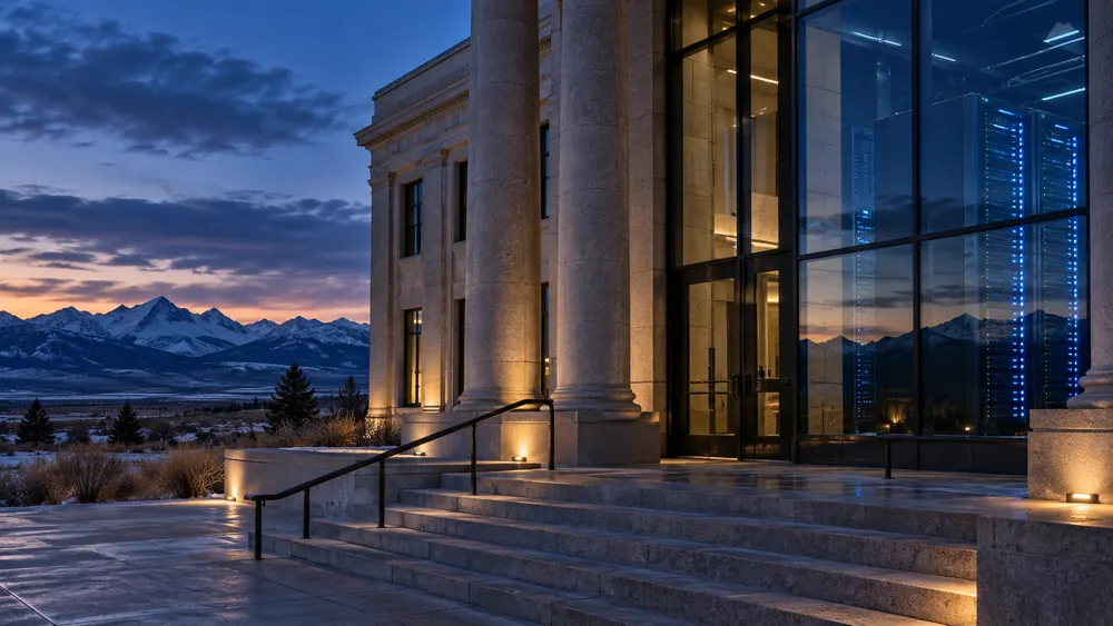 Generic Wyoming courthouse at blue hour with subtle server-room reflections suggesting court data security