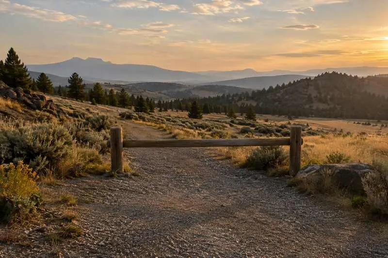 Dry sagebrush trail and unmarked wooden barrier in a Wyoming mountain landscape at sunset