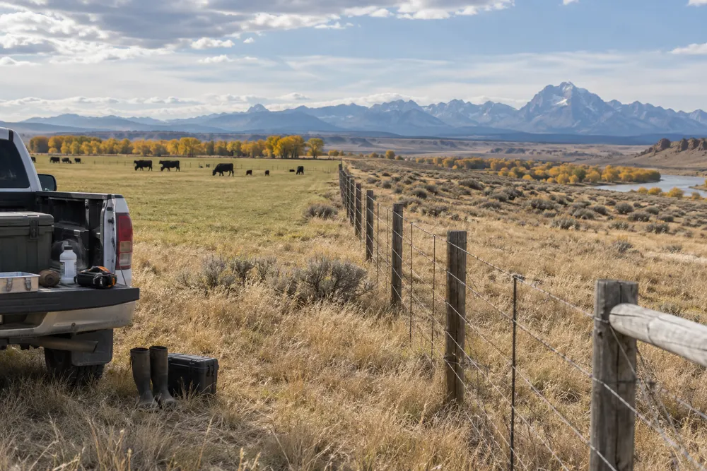 Cattle behind a wire fence on Wyoming high plains with field veterinary equipment near an unmarked pickup.
