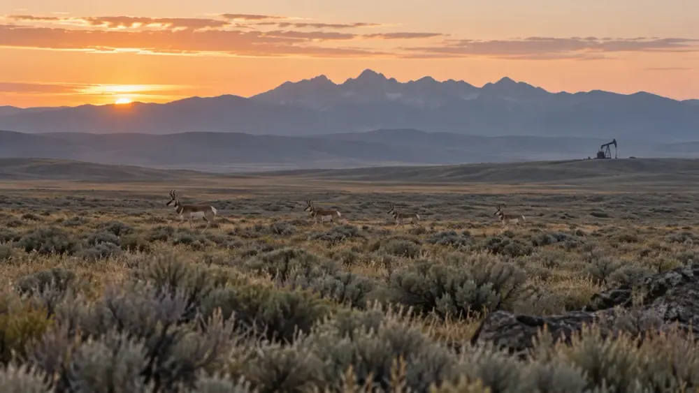 Illustrative Wyoming migration corridor with distant pronghorn and energy equipment