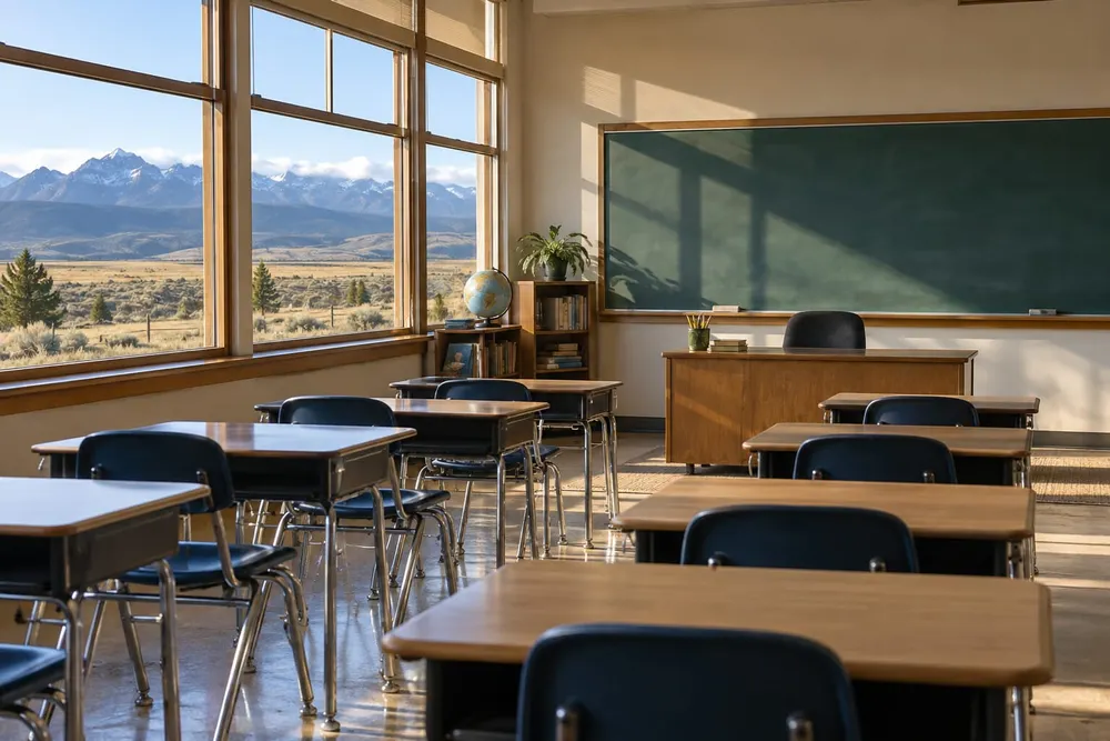 An empty classroom with rows of desks and high plains visible through large windows