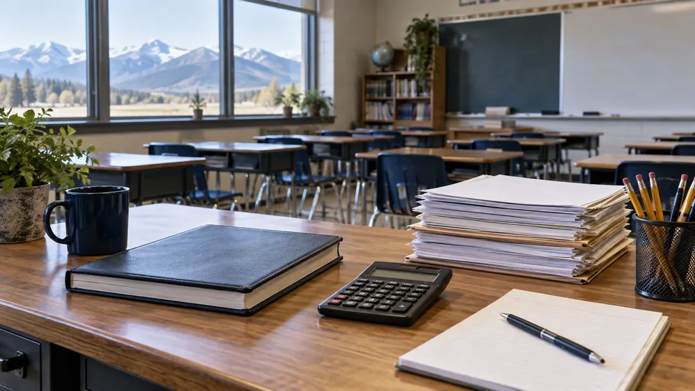 An empty classroom and a teacher’s desk hold budget papers, a calculator and a gradebook.