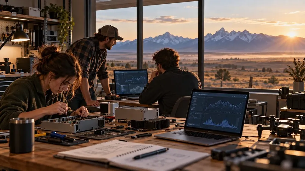 A Wyoming technology startup team works on electronics prototypes in a workshop overlooking high plains and mountains.