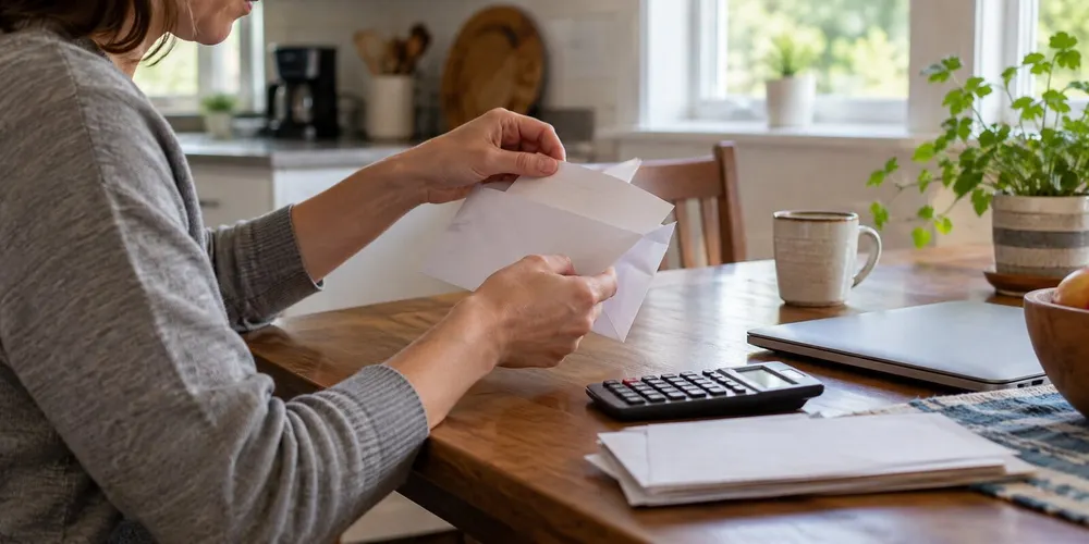 An adult opens plain mail at a kitchen table beside a calculator and closed laptop.