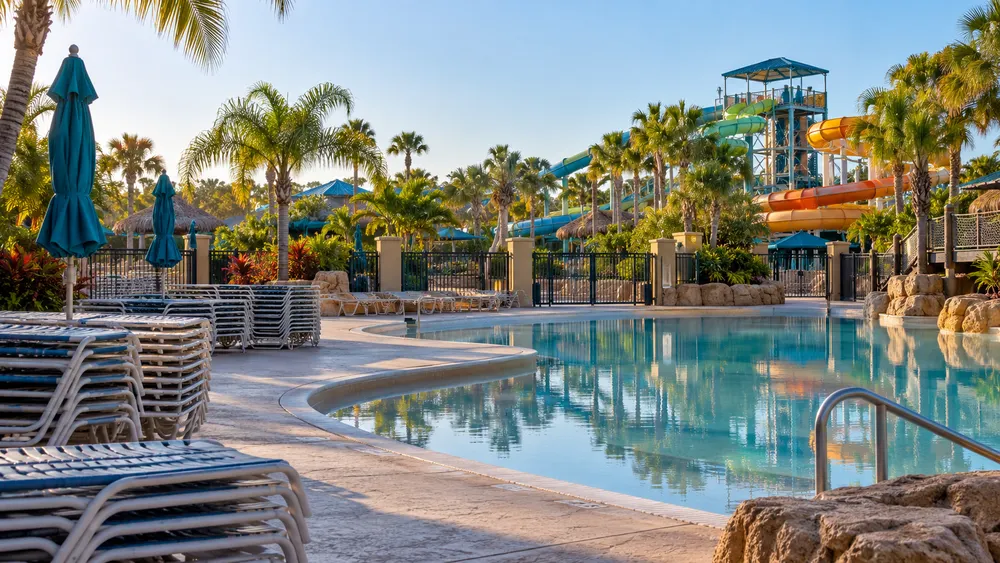 An empty generic tropical Florida water park sits orderly between operating seasons.