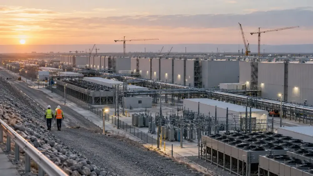 Engineers walking beside a vast data-center campus with cooling systems, electrical equipment and construction cranes at dawn