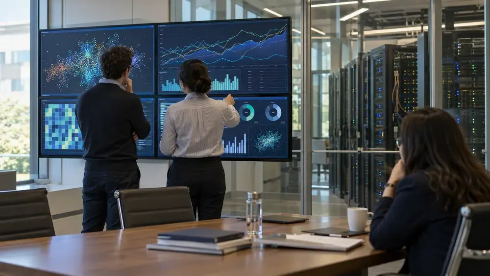 Illustrative image of independent reviewers examining AI monitoring dashboards in a secure audit lab