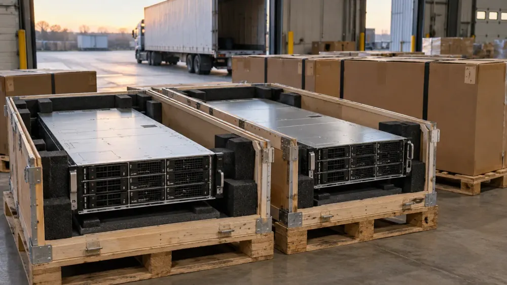 Unlabeled rack-mounted computer servers secured in shipping crates inside a freight warehouse