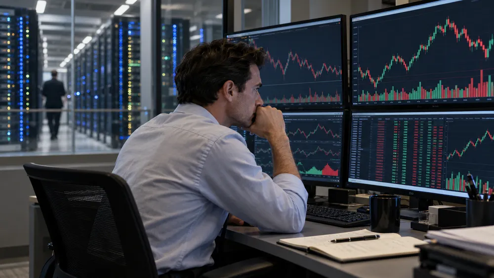 Illustrative image of a financial analyst reviewing market charts beside a data center