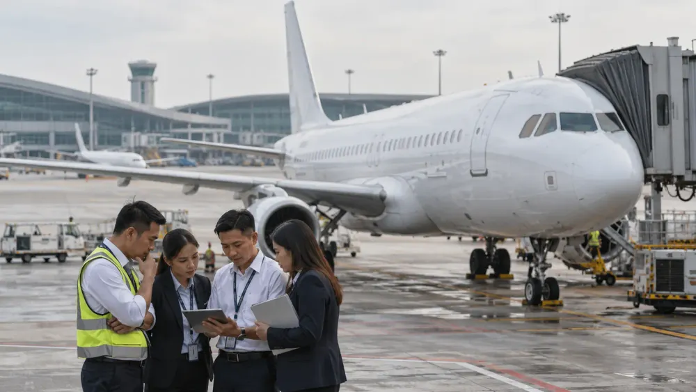 An unbranded passenger aircraft at an airport gate while operations staff review information on tablets, illustrating AirAsia’s financing pressures.