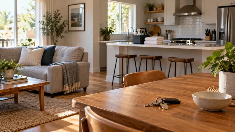 AI-generated illustrative rental-home interior with keys, folded towels and cleaning supplies; not an actual Airbnb property.