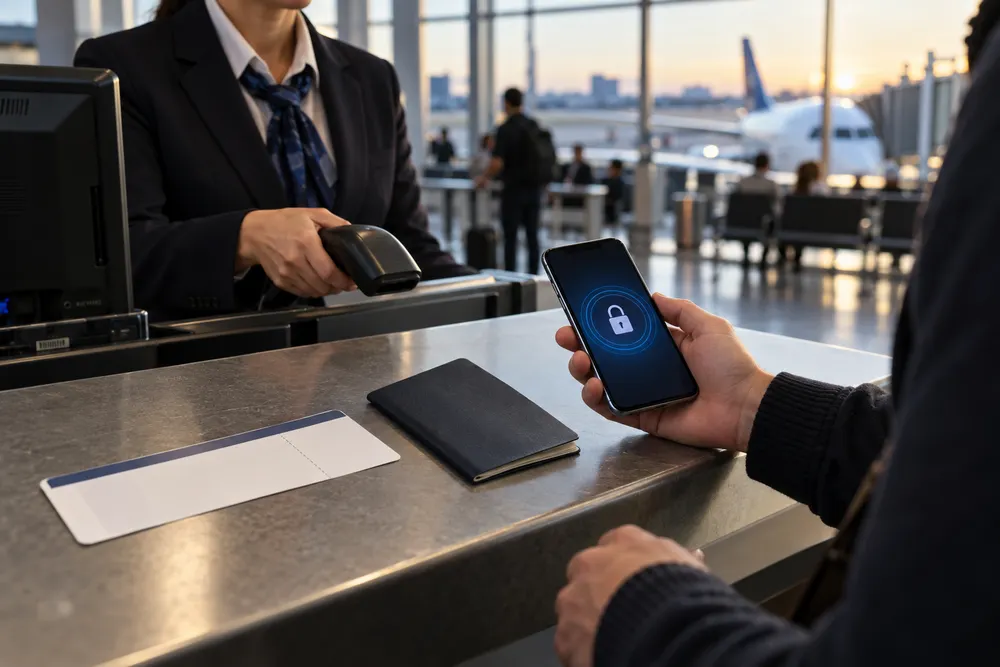 Traveler holding a phone with a privacy lock symbol at an airport check-in counter