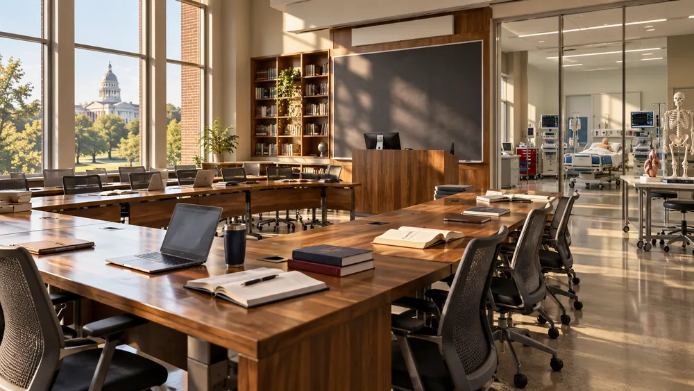 Illustrative view of a modern Alabama classroom prepared for civic leadership and healthcare education